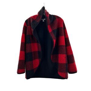 Sonama Open Front Collared Red/Black Plaid Fleece Jacket Womens Size Small